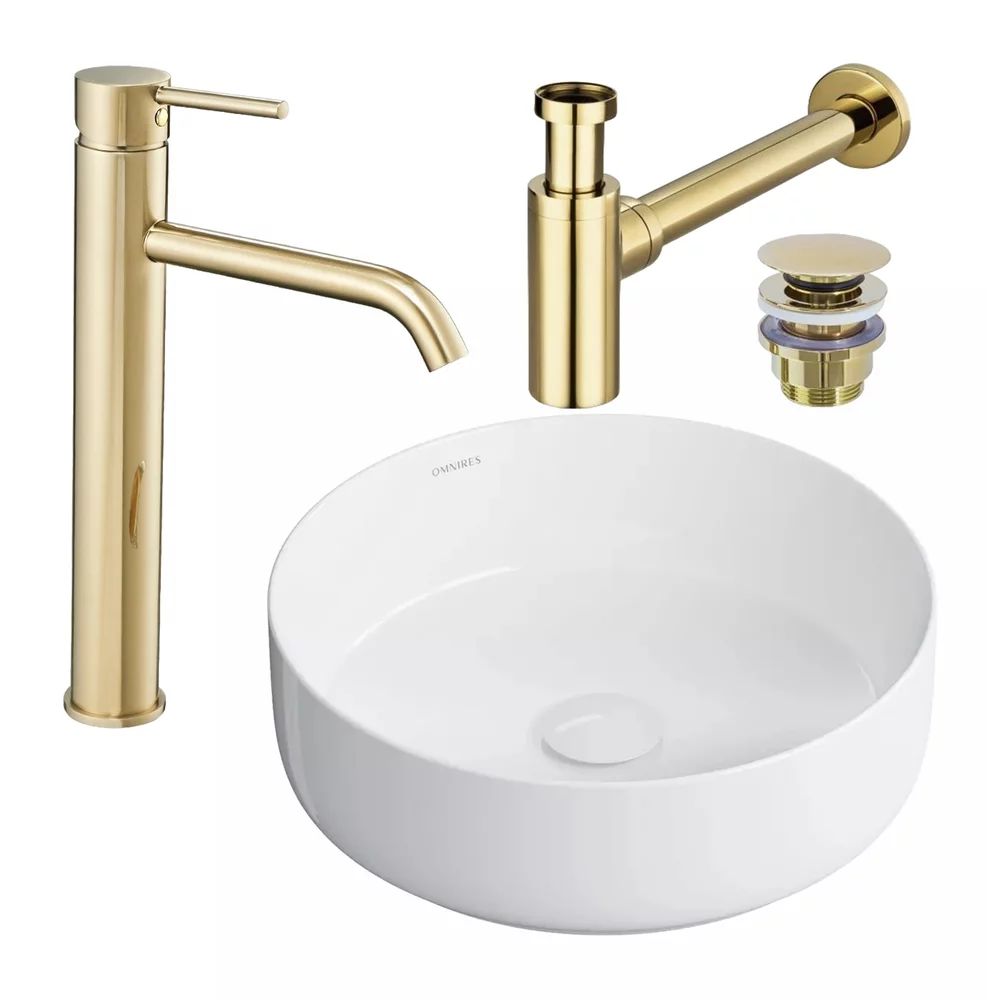 Pachet lavoar pe blat Omnires Tulsa alb 36 cm, baterie lavoar Rea Lungo auriu si ventil lavoar Click-Clack auriu