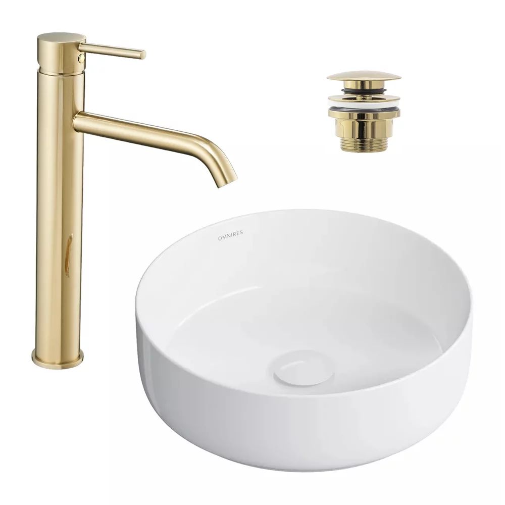 Pachet lavoar pe blat Omnires Tulsa alb 36 cm, baterie lavoar Rea Lungo auriu si ventil lavoar Click-Clack auriu