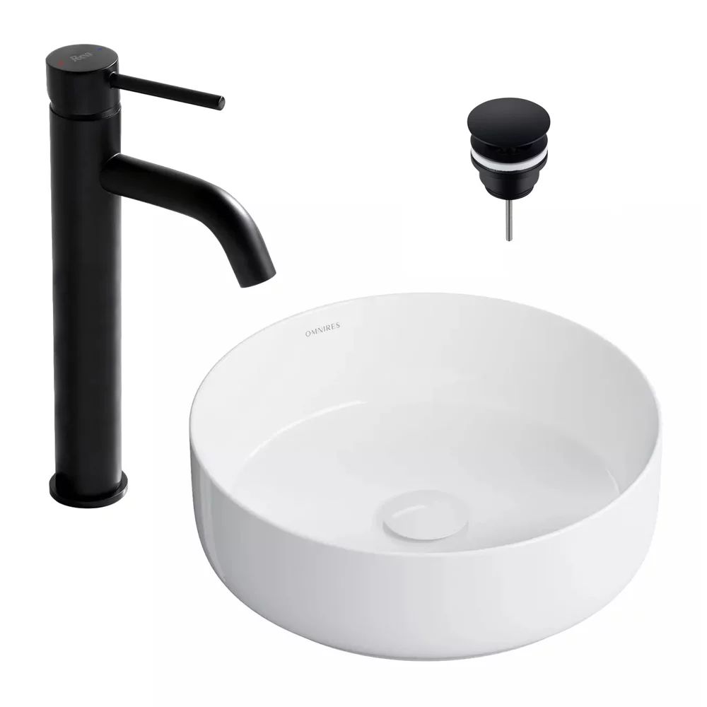 Pachet lavoar pe blat Omnires Tulsa alb 36 cm, baterie lavoar Rea Lungo negru si ventil lavoar Click-Clack D negru