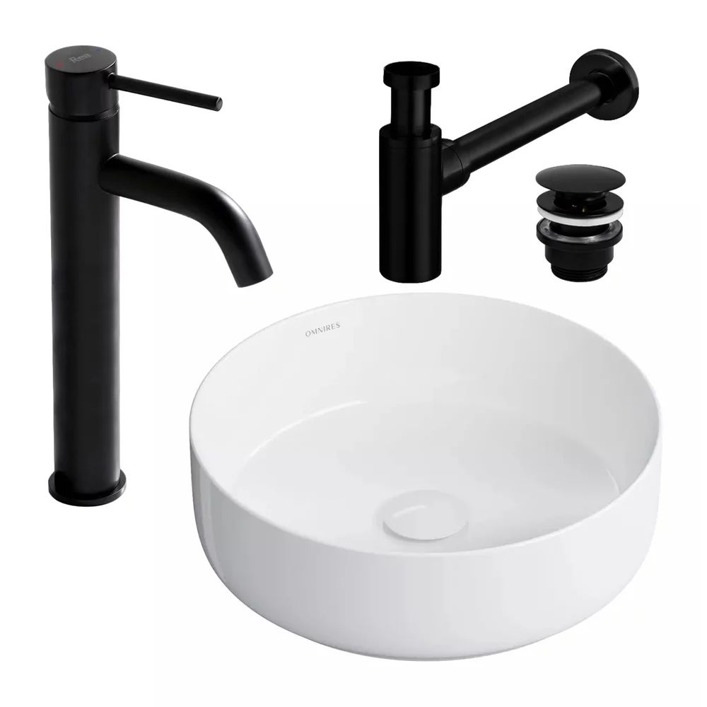 Pachet lavoar pe blat Omnires Tulsa alb 36 cm, baterie lavoar Rea Lungo negru si ventil lavoar Click-Clack negru