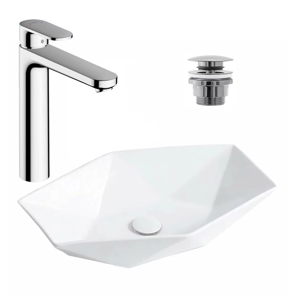 Pachet lavoar pe blat Rea Vegas alb 57 cm, baterie lavoar Hansgrohe Vernis Blend 190 crom si ventil lavoar Click-Clack crom