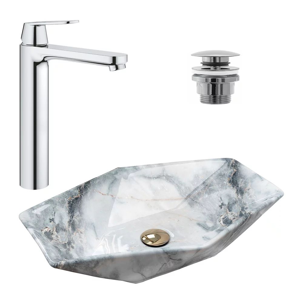 Pachet lavoar pe blat Rea Vegas granit 57 cm, baterie lavoar Grohe Eurosmart Cosmopolitan XL crom si ventil lavoar Click-Clack crom
