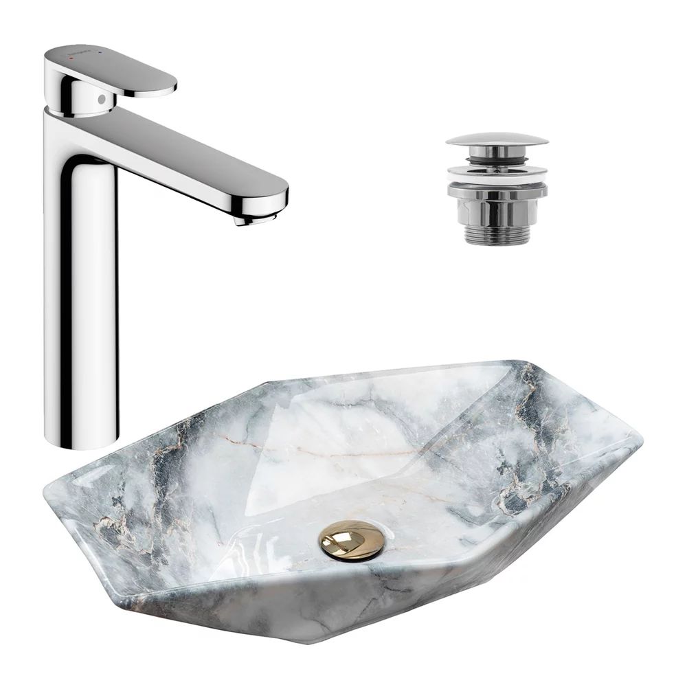 Pachet lavoar pe blat Rea Vegas granit 57 cm, baterie lavoar Hansgrohe Vernis Blend 190 crom si ventil lavoar Click-Clack crom