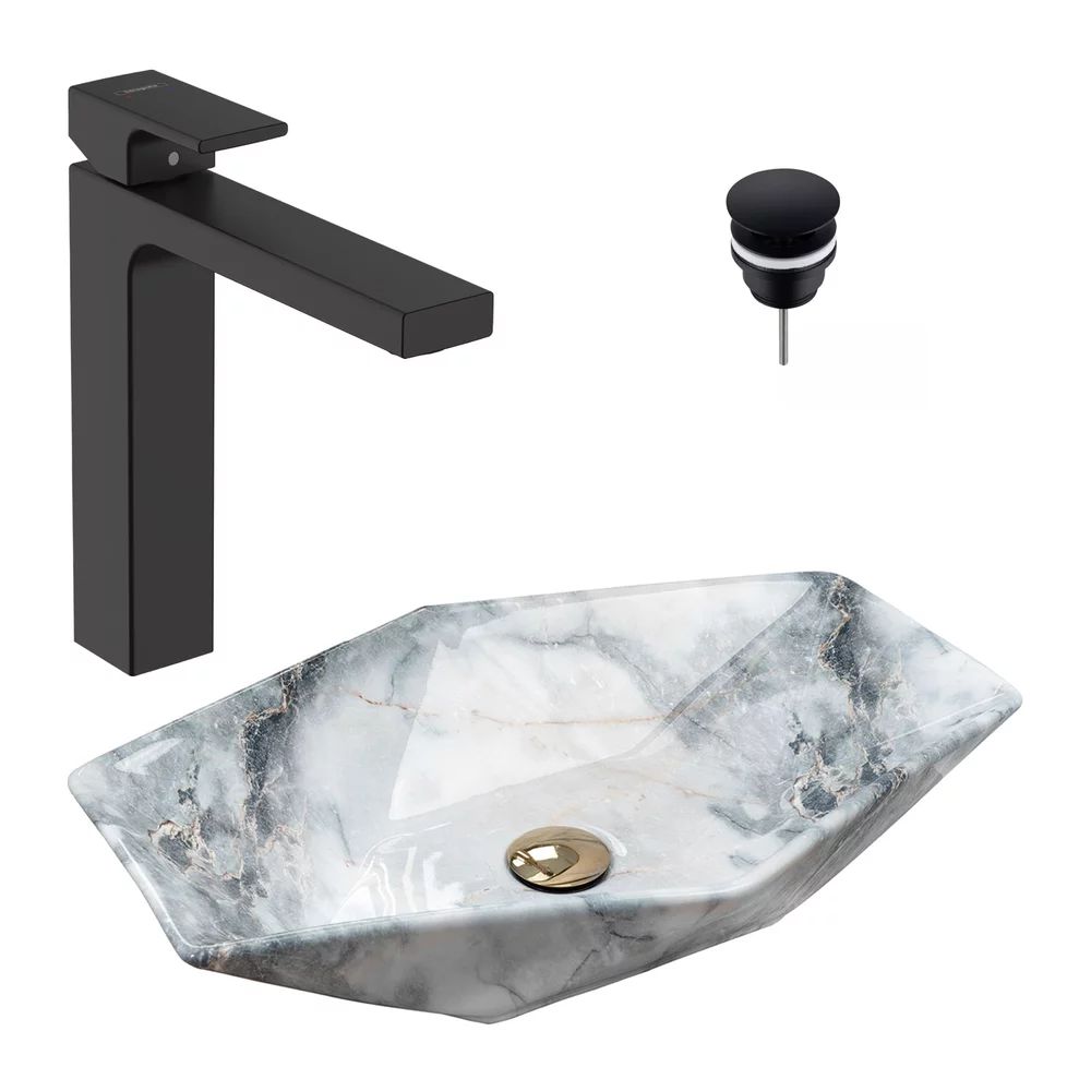 Pachet lavoar pe blat Rea Vegas granit 57 cm, baterie lavoar Hansgrohe Vernis Shape 190 negru si ventil lavoar Click-Clack D negru
