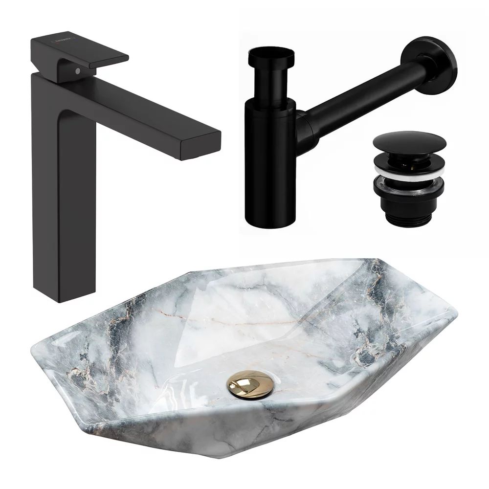 Pachet lavoar pe blat Rea Vegas granit 57 cm, baterie lavoar Hansgrohe Vernis Shape 190 negru si ventil lavoar Click-Clack negru