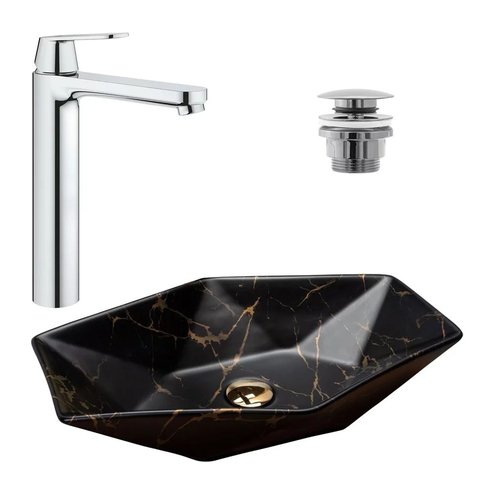 Pachet lavoar pe blat Rea Vegas negru 56.5 cm, baterie lavoar Grohe Eurosmart Cosmopolitan XL crom si ventil lavoar Click-Clack crom