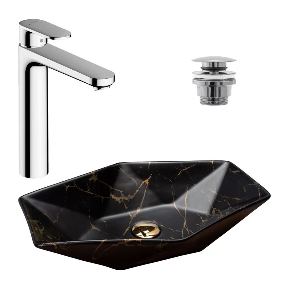 Pachet lavoar pe blat Rea Vegas negru 56.5 cm, baterie lavoar Hansgrohe Vernis Blend 190 crom si ventil lavoar Click-Clack crom