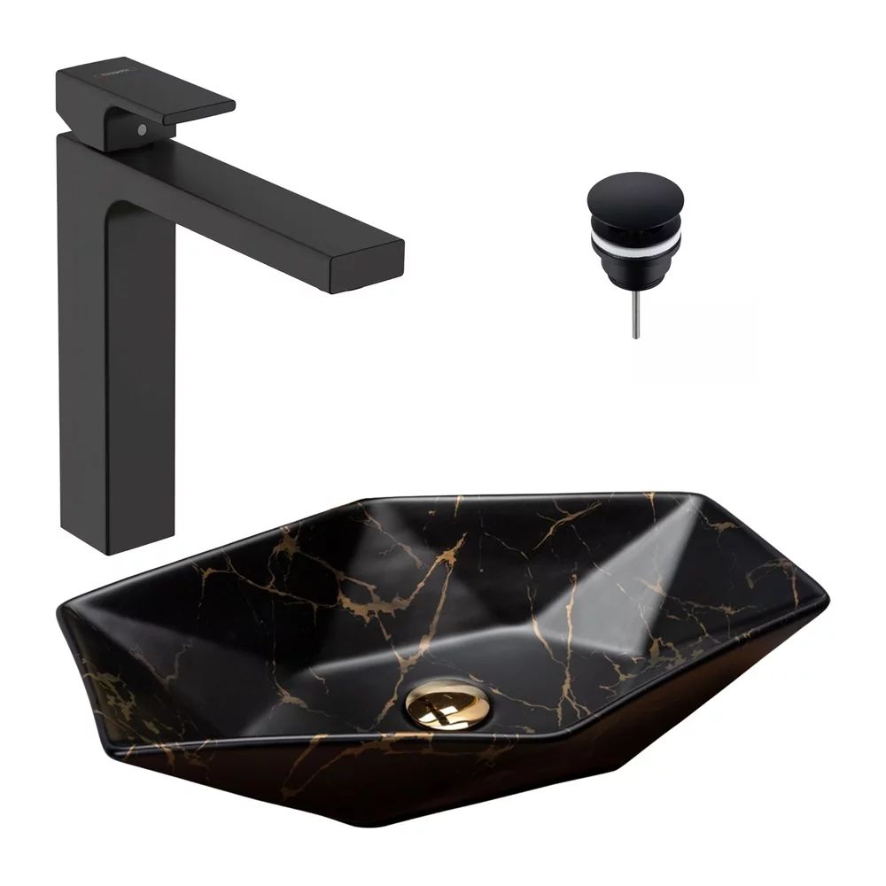 Pachet lavoar pe blat Rea Vegas negru 56.5 cm, baterie lavoar Hansgrohe Vernis Shape 190 negru si ventil lavoar Click-Clack D negru