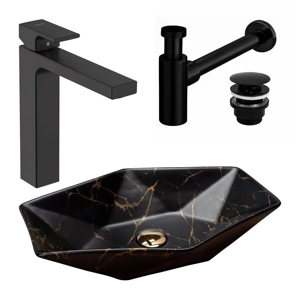 Pachet lavoar Rea Vegas negru, baterie lavoar Hansgrohe Vernis Shape 190 negru mat si ventil lavoar universal negru