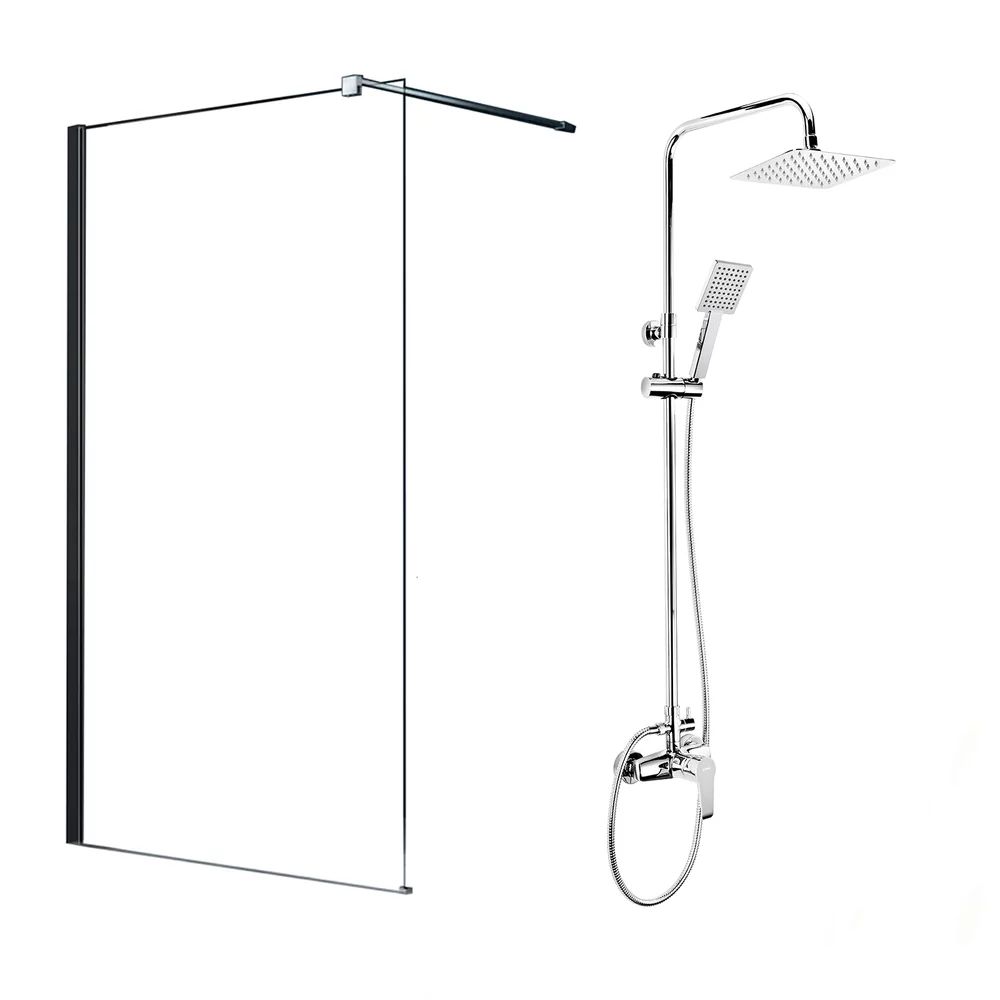 Pachet paravan dus Walk-In Fluminia Black crom 100x200 cm si coloana de dus Deante Corio crom