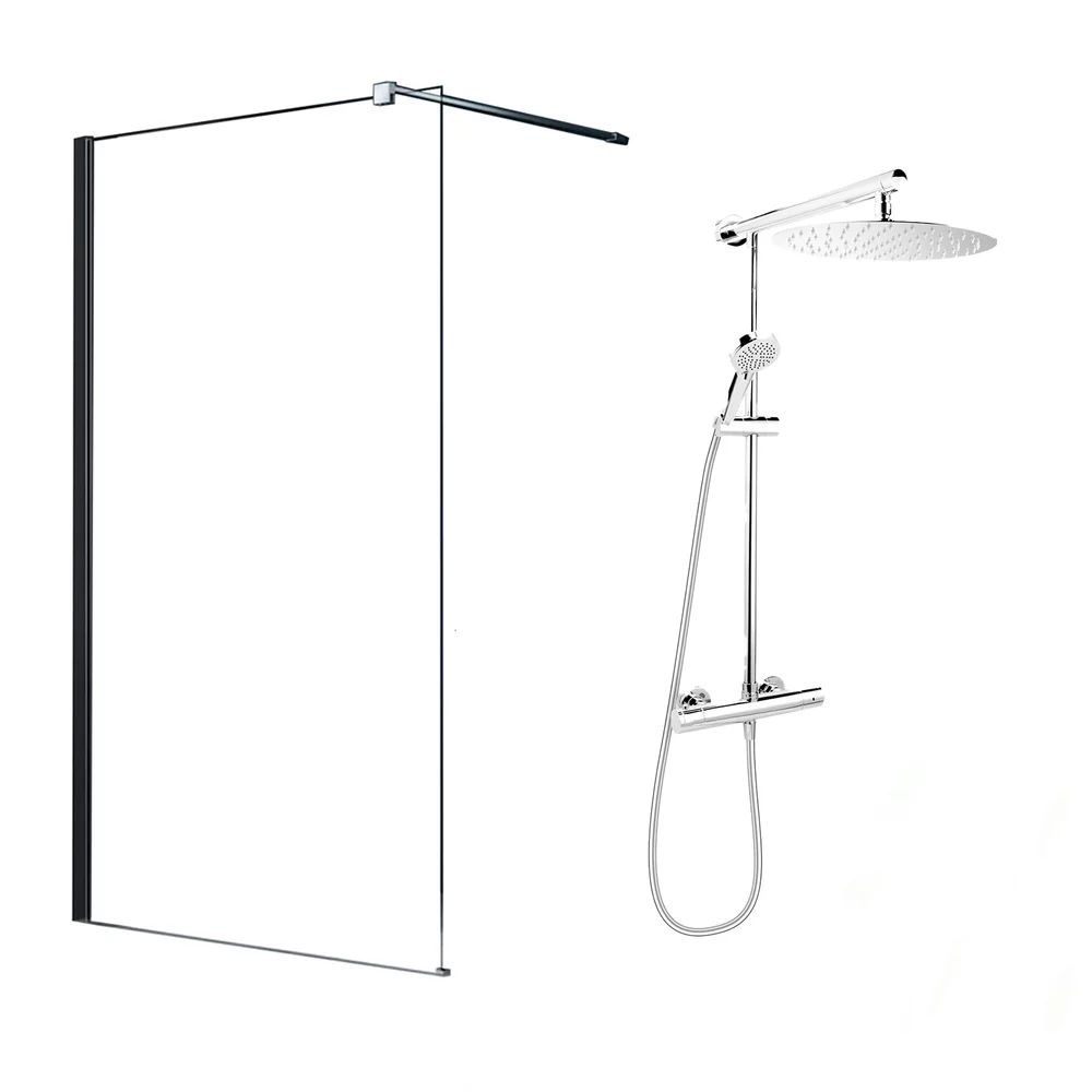 Pachet paravan dus Walk-In Fluminia Black crom 100x200 cm si coloana de dus FDesign Anima crom