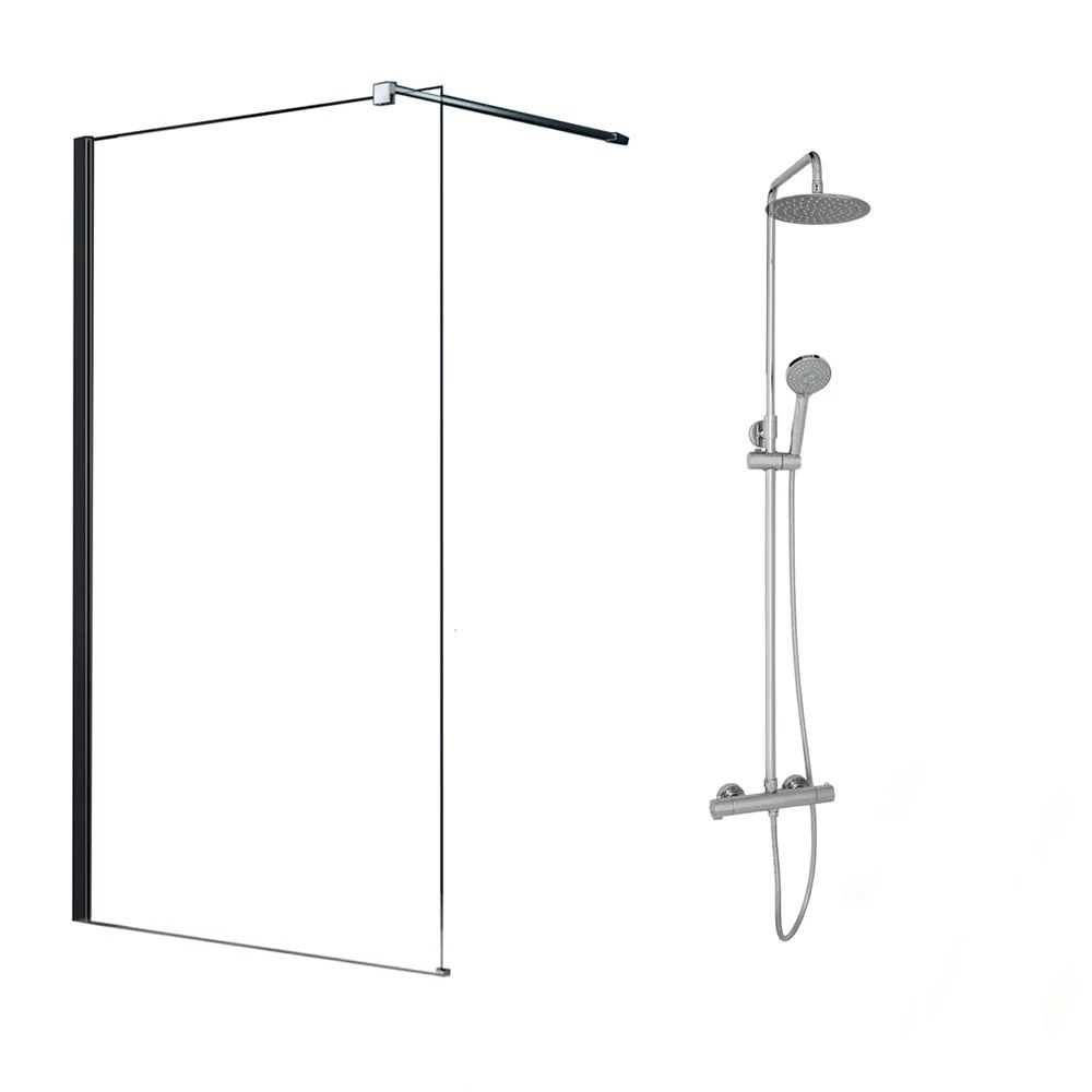 Pachet paravan dus Walk-In Fluminia Black crom 100x200 cm si coloana de dus OMNIRES Y crom