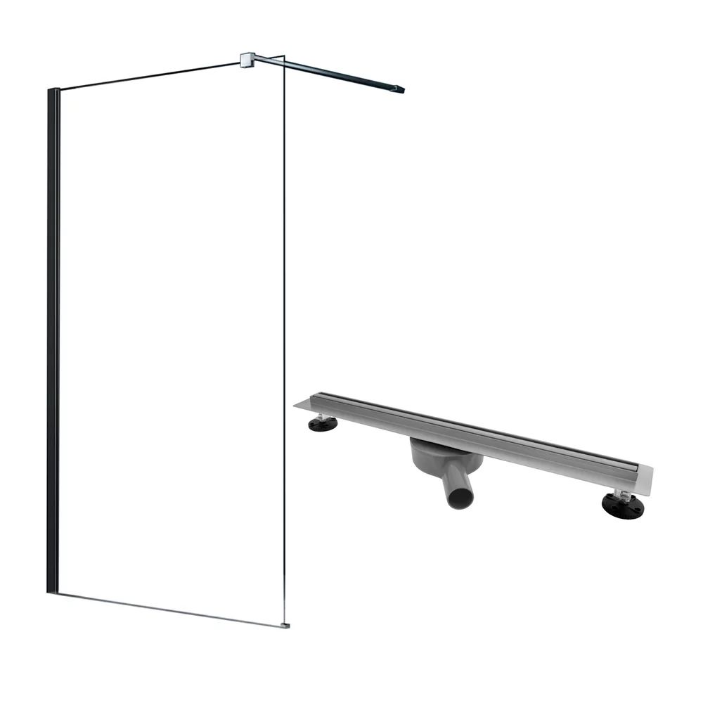 Pachet paravan dus Walk-In Fluminia Black crom 100x200 cm si rigola Rea Neo Slim Pro crom