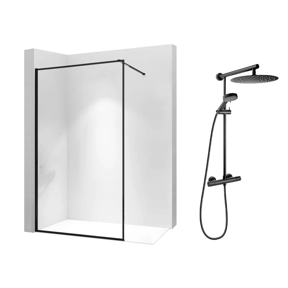 Pachet paravan dus Walk-In Rea Bler-1 negru 70x195 cm si coloana de dus FDesign Anima Quadro negru