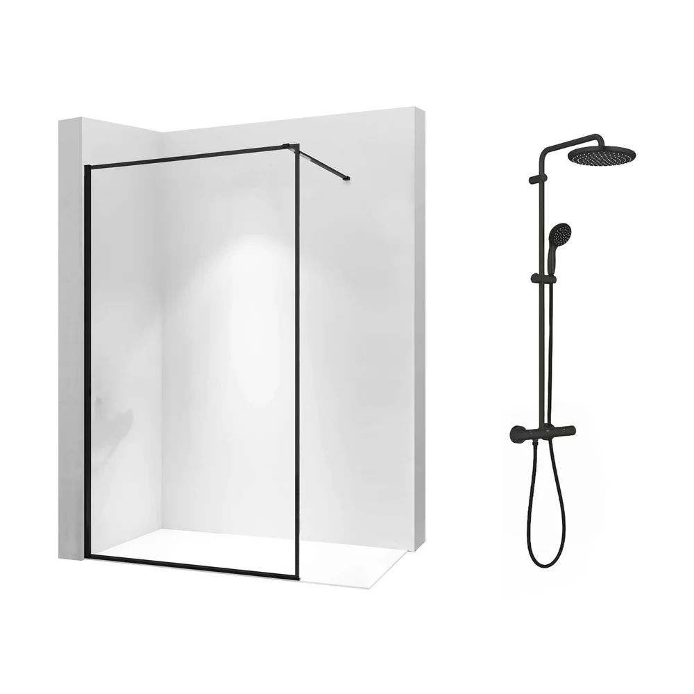 Pachet paravan dus Walk-In Rea Bler-1 negru 70x195 cm si coloana de dus Grohe Vitalio Start negru
