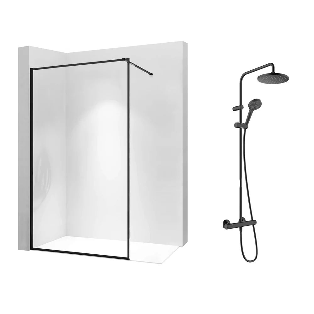 Pachet paravan dus Walk-In Rea Bler-1 negru 70x195 cm si coloana de dus Hansgrohe Vernis Blend negru