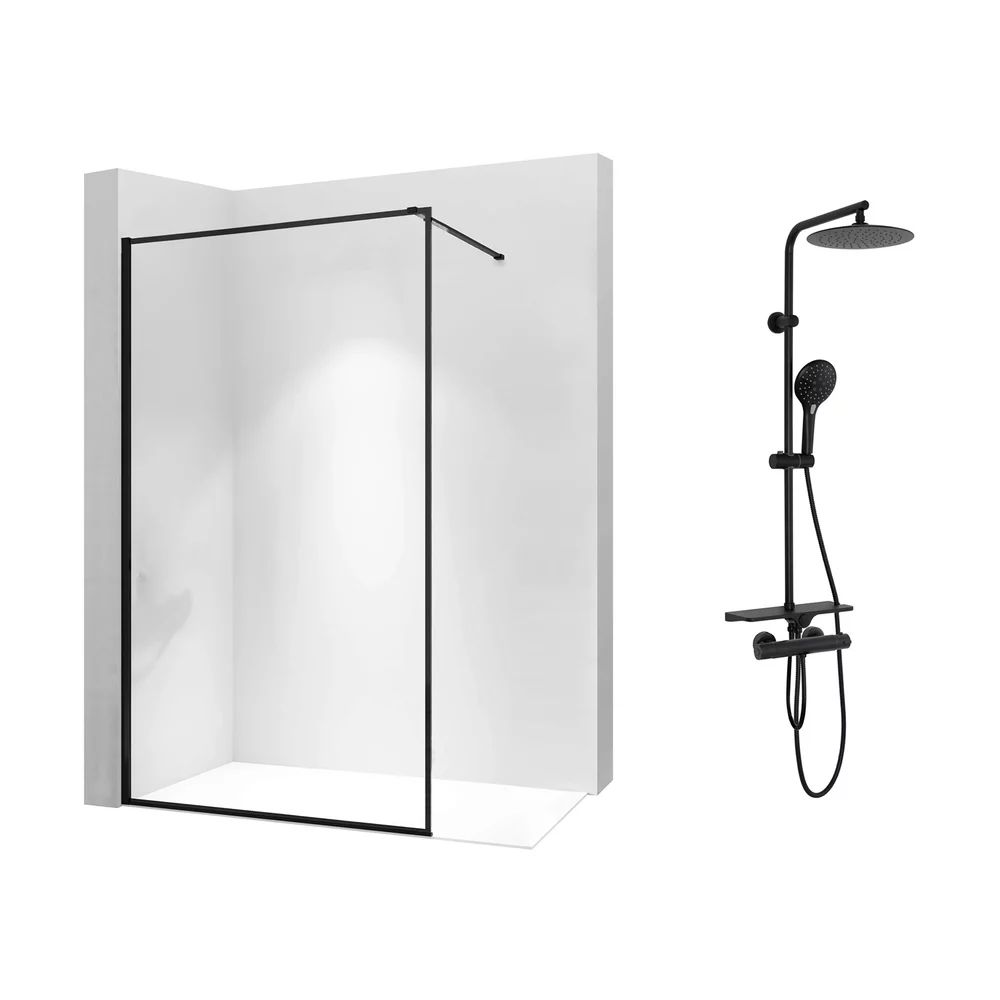 Pachet paravan dus Walk-In Rea Bler-1 negru 70x195 cm si coloana de dus Rea Mike negru