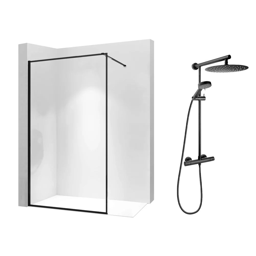Pachet paravan dus Walk-In Rea Bler-1 negru 80x195 cm si coloana de dus FDesign Anima Quadro negru