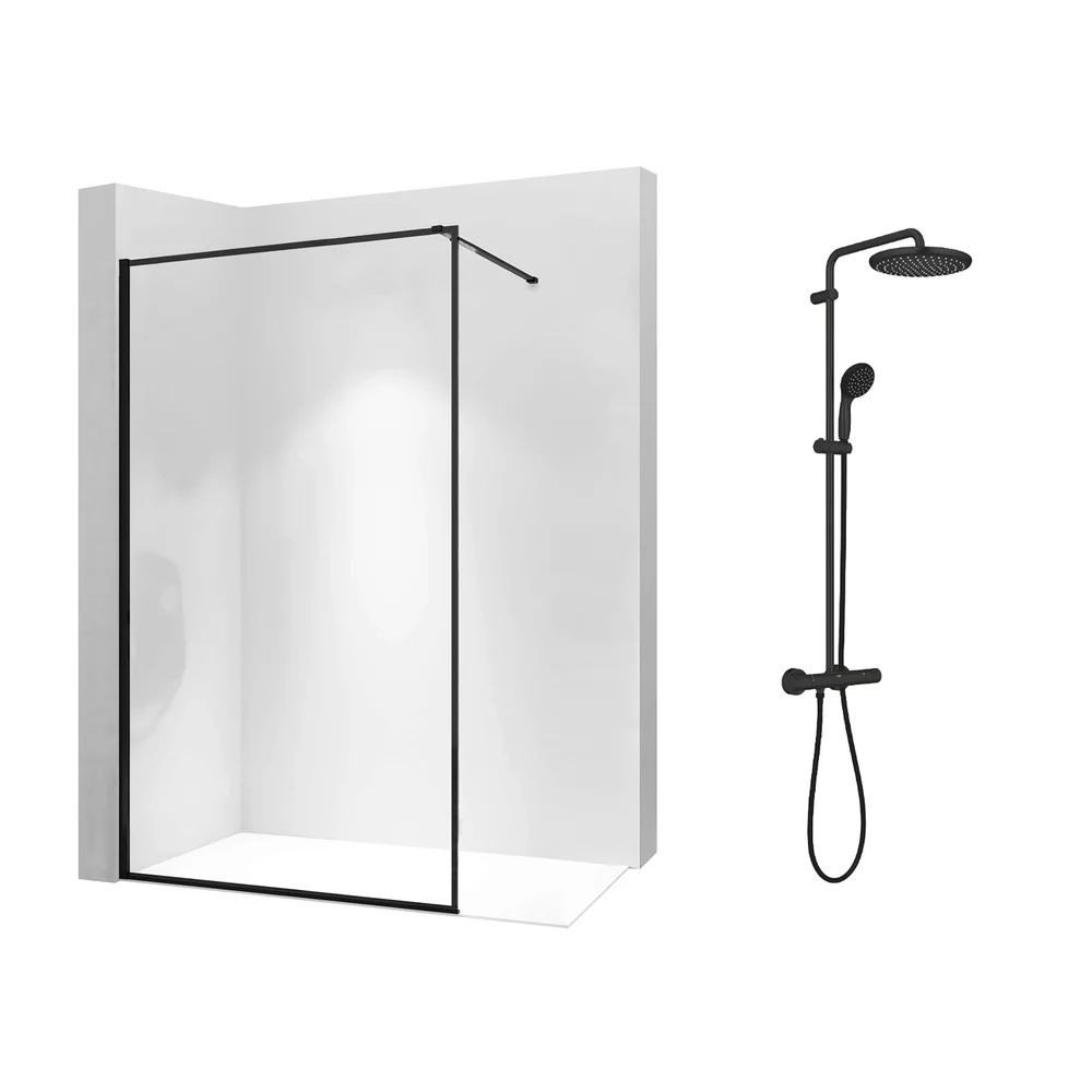 Pachet paravan dus Walk-In Rea Bler-1 negru 80x195 cm si coloana de dus Grohe Vitalio Start negru