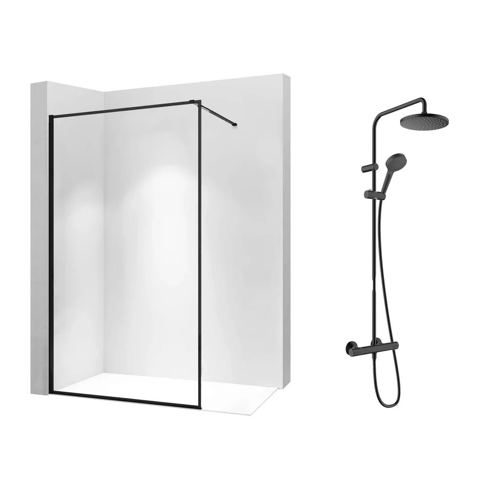 Pachet paravan dus Walk-In Rea Bler-1 negru 80x195 cm si coloana de dus Hansgrohe Vernis Blend negru