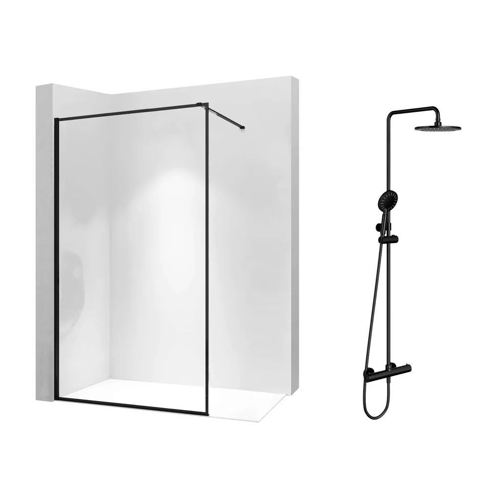 Pachet paravan dus Walk-In Rea Bler-1 negru 80x195 cm si coloana de dus Omnires Y negru