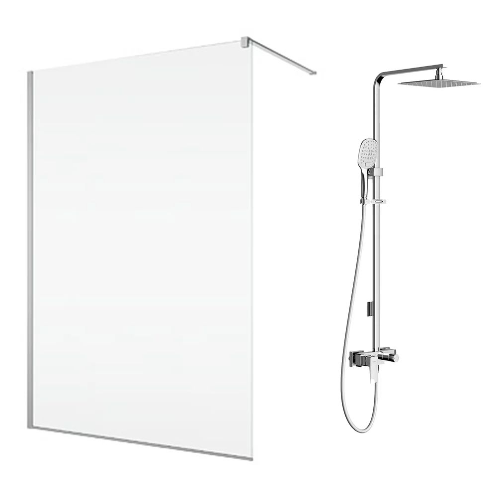 Pachet paravan dus Walk-In SanSwiss Easy crom 100x200 cm si coloana de dus Omnires Parma crom