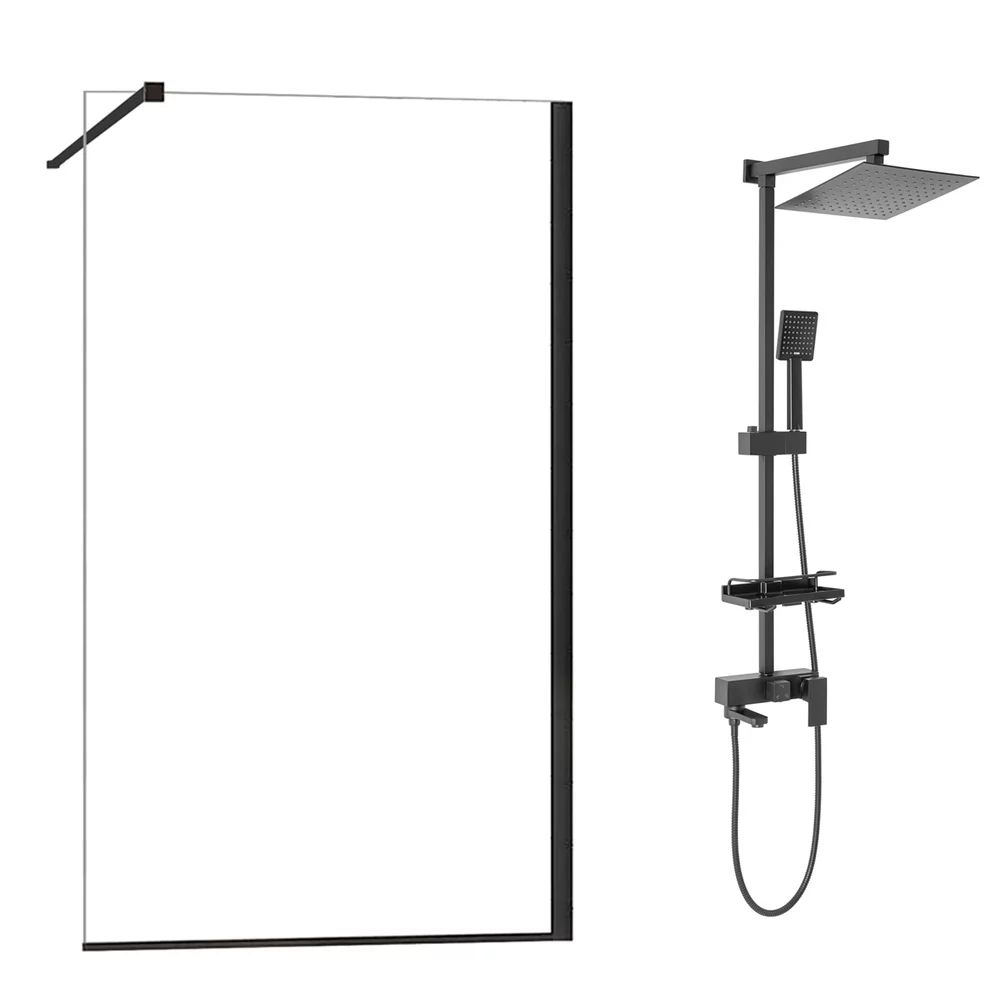 Pachet paravan dus Walk-In Fluminia Foxy negru 100x200 cm si coloana de dus Rea Jack negru