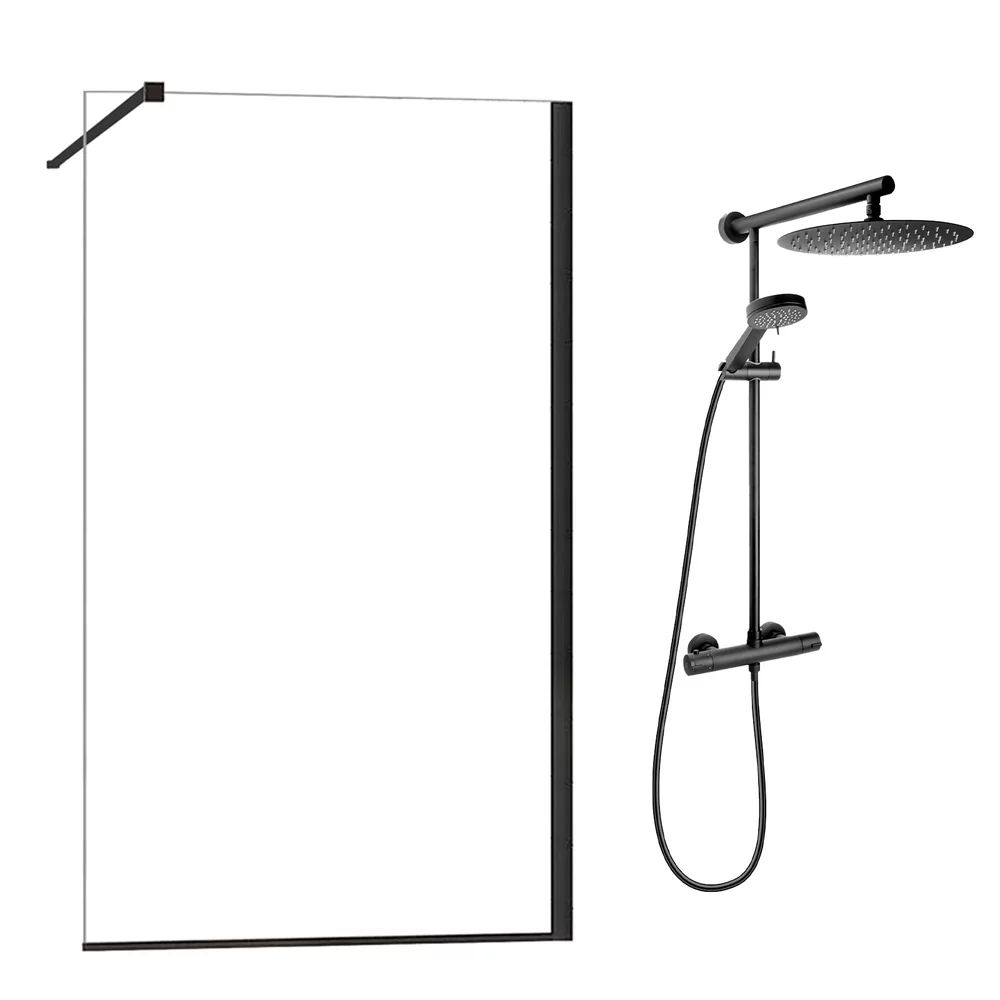 Pachet paravan dus Walk-In Fluminia Foxy negru 120x200 cm si coloana de dus FDesign Anima Quadro negru
