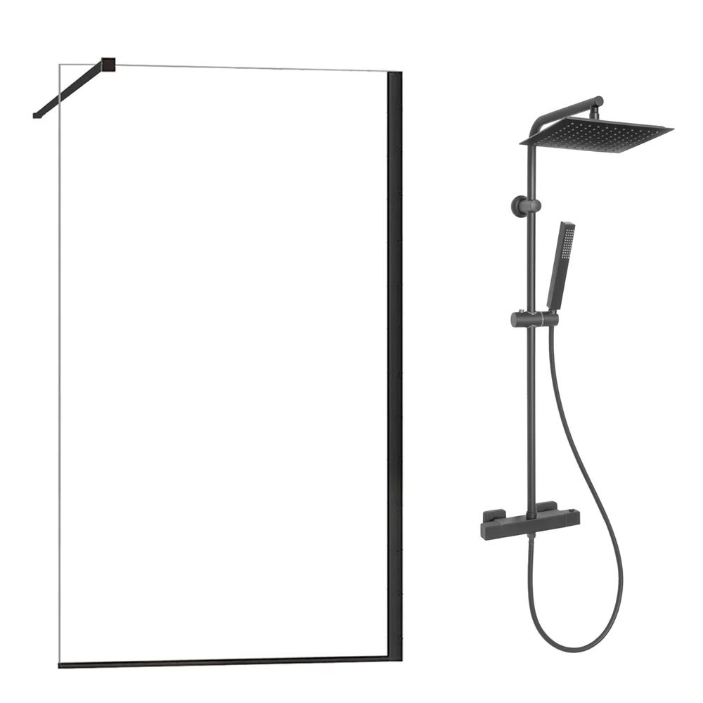 Pachet paravan dus Walk-In Fluminia Foxy negru 120x200 cm si coloana de dus Invena Svart negru