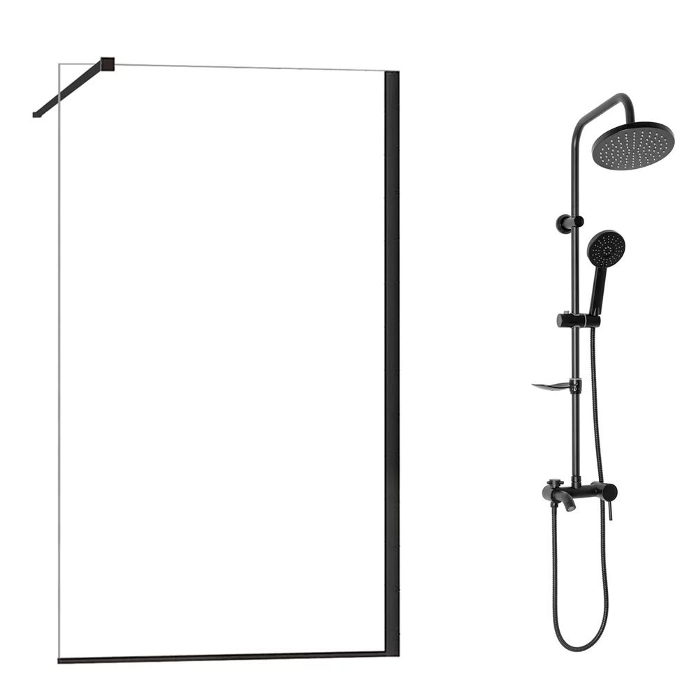 Pachet paravan dus Walk-In Fluminia Foxy negru 120x200 cm si coloana de dus Rea Luis negru