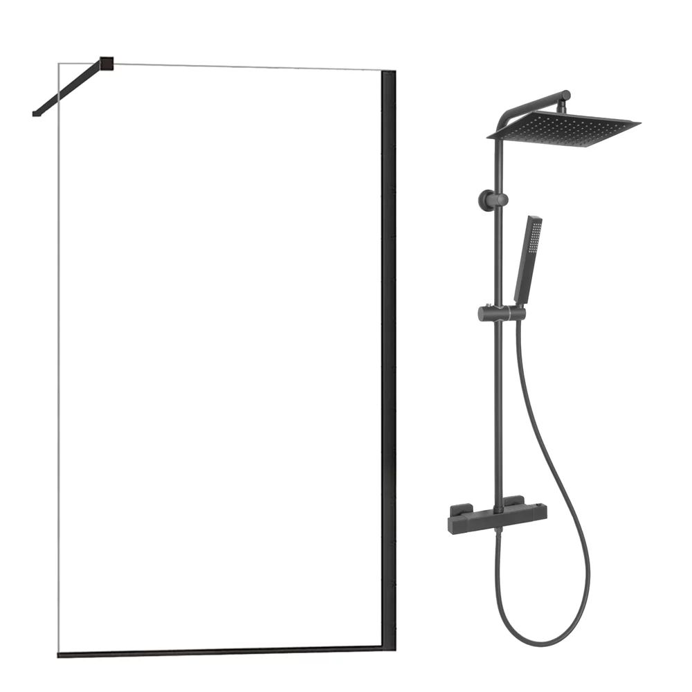 Pachet paravan dus Walk-In Fluminia Foxy negru 90x200 cm si coloana de dus Invena Svart negru