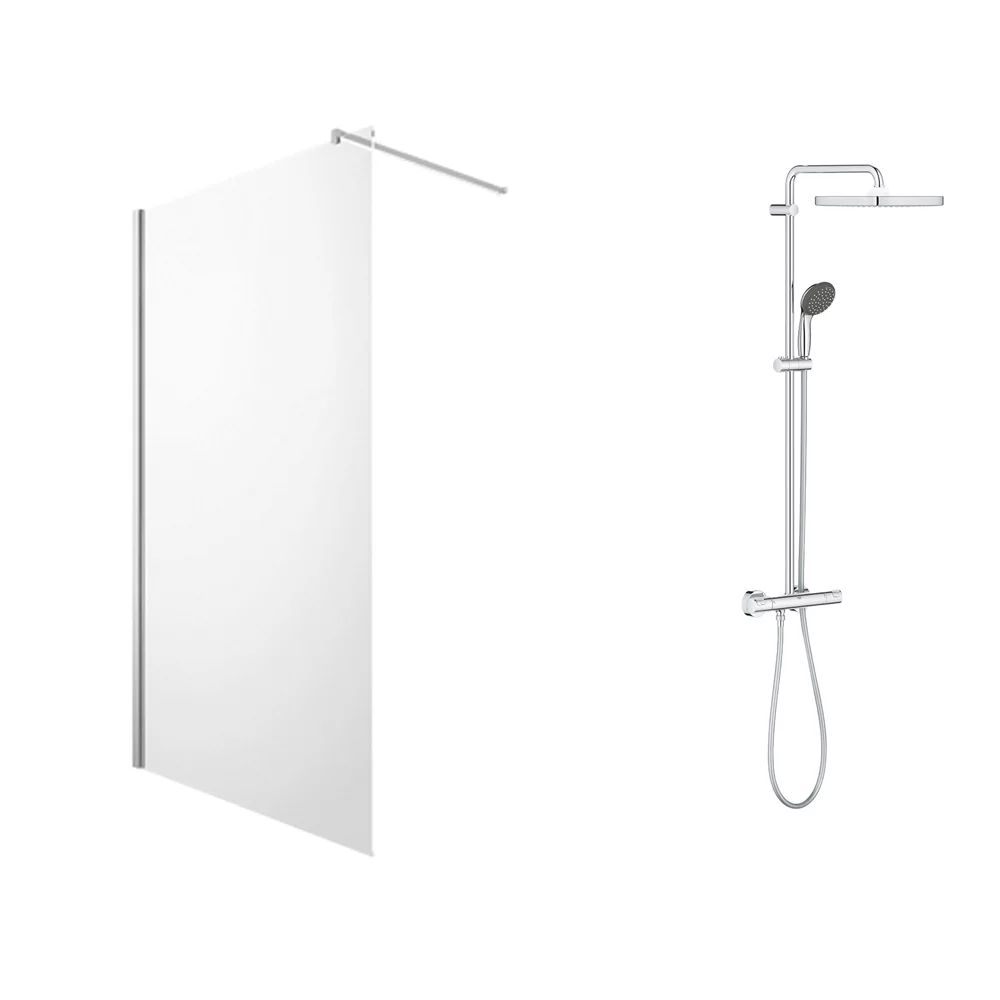 Pachet paravan dus Walk-In Omnires Marina crom 100x200 cm si coloana de dus Grohe Vitalio Start crom