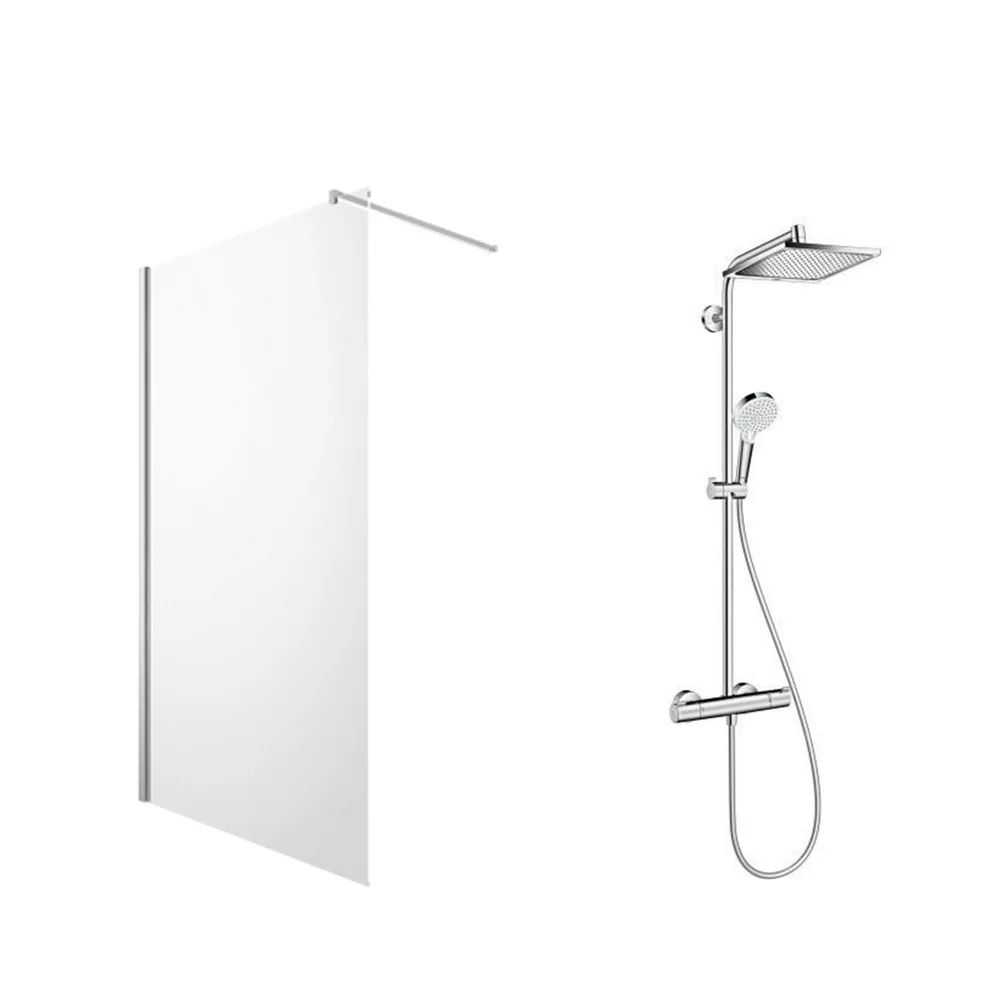 Pachet paravan dus Walk-In Omnires Marina crom 100x200 cm si coloana de dus Hansgrohe crometta crom