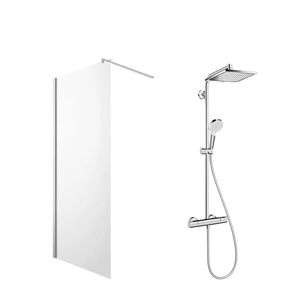Pachet paravan dus Walk-In Omnires Marina crom 110x200 cm si coloana de dus Hansgrohe Crometta crom