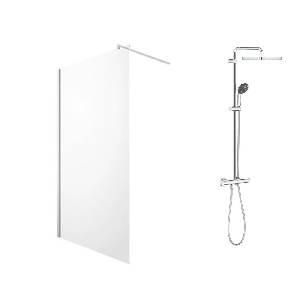 Pachet paravan dus Walk-In Omnires Marina crom 90x200 cm si coloana de dus Grohe Vitalio Start crom