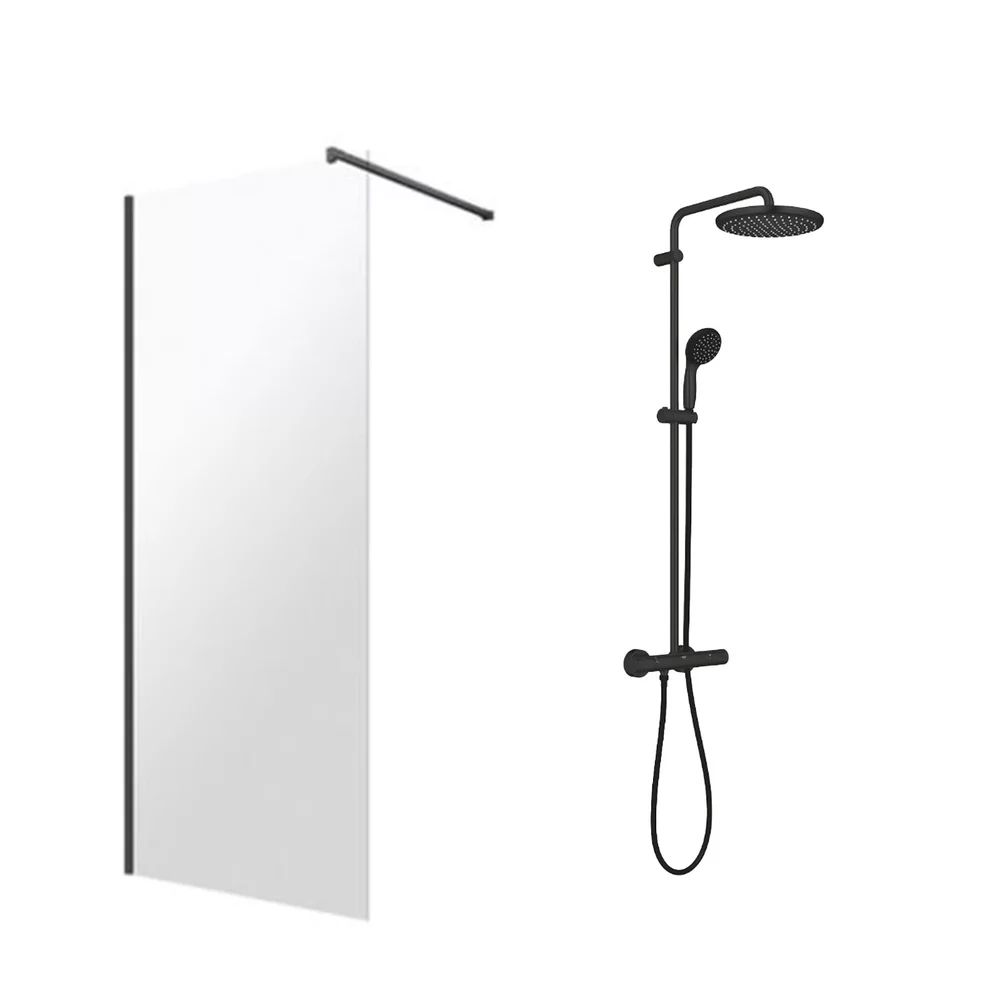Pachet paravan dus Walk-In Omnires Marina negru 100x200 cm si coloana de dus Grohe Vitalio Start negru