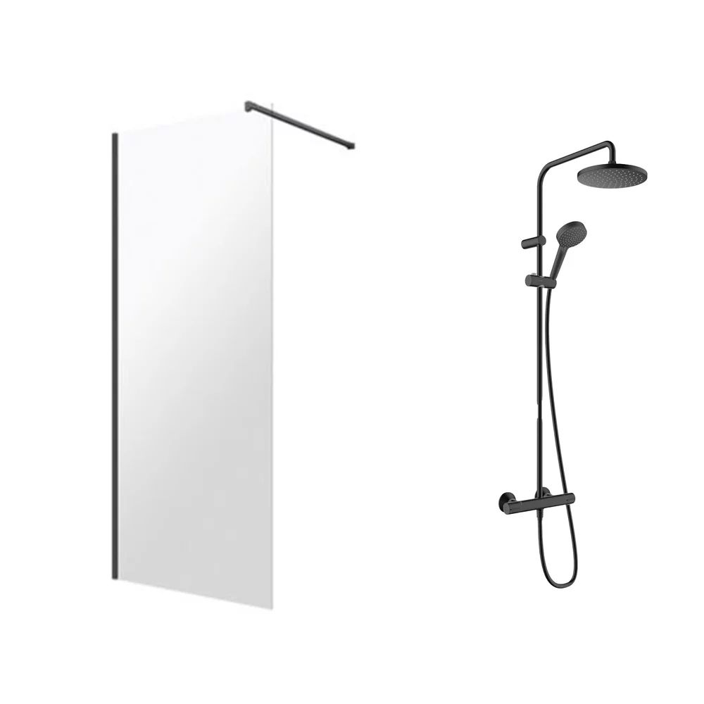 Pachet paravan dus Walk-In Omnires Marina negru 100x200 cm si coloana de dus Hansgrohe Vernis Blend negru