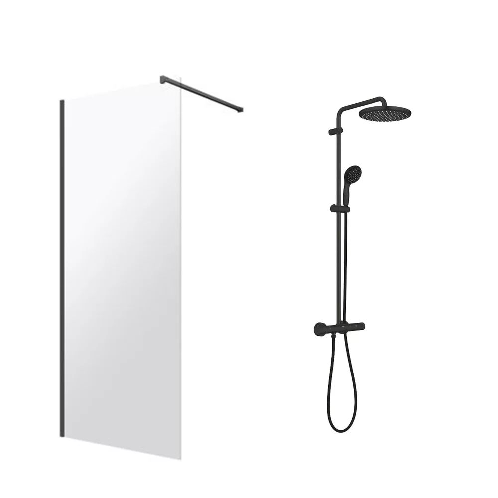 Pachet paravan dus Walk-In Omnires Marina negru 110x200 cm si coloana de dus Grohe Vitalio Start negru