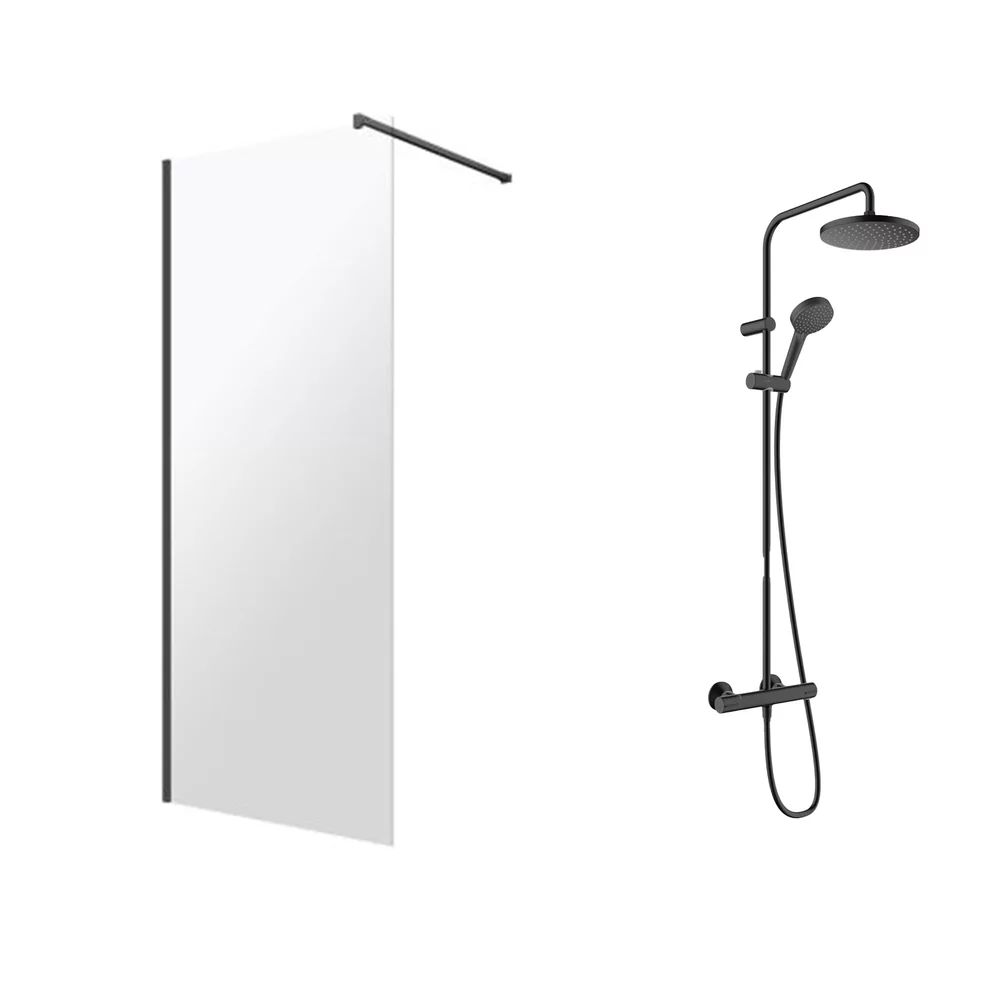 Pachet paravan dus Walk-In Omnires Marina negru 110x200 cm si coloana de dus Hansgrohe Vernis Blend negru