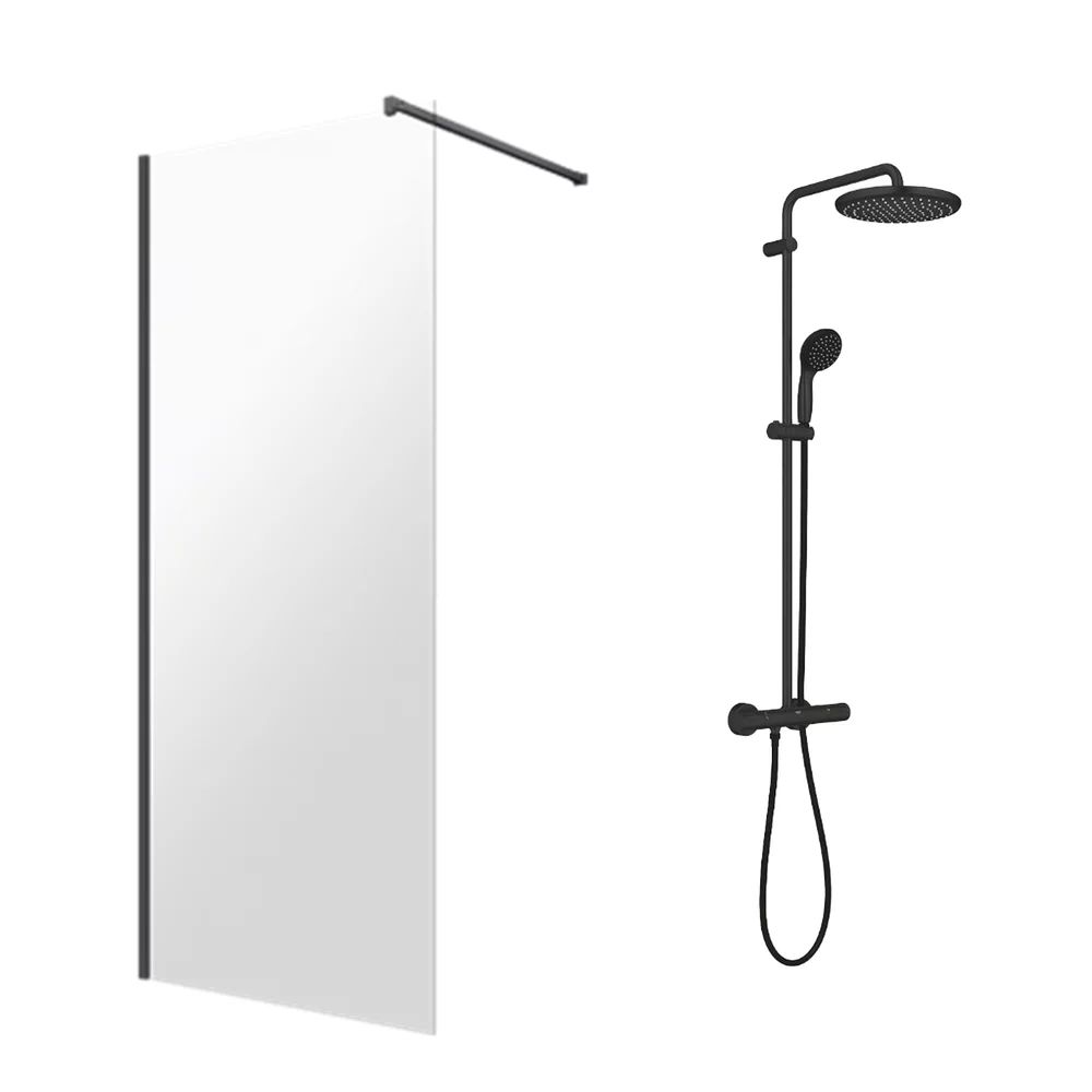 Pachet paravan dus Walk-In Omnires Marina negru 90x200 cm si coloana de dus Grohe Vitalio Start negru