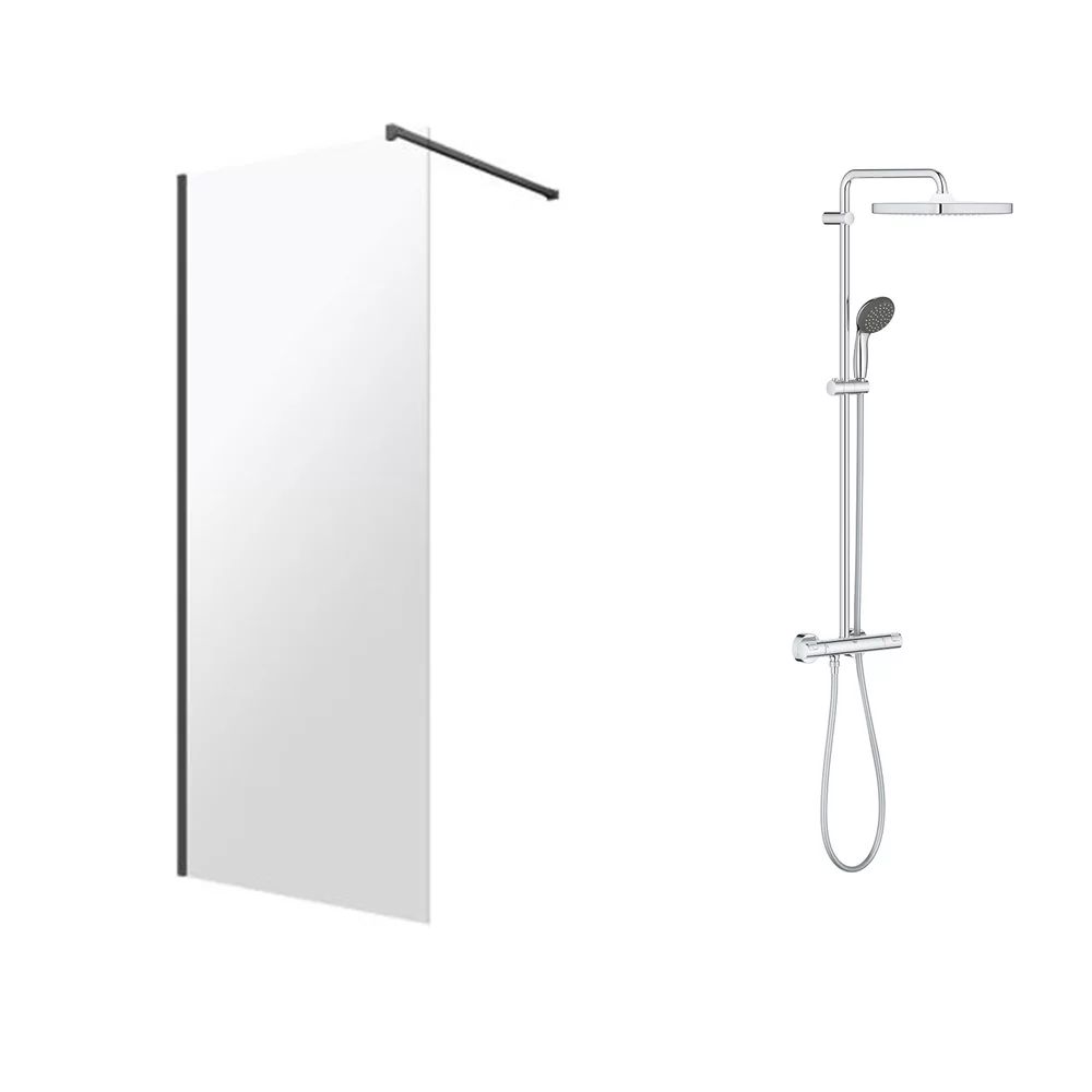 Pachet paravan dus Walk-In Omnires Marina crom 110x200 cm si coloana de dus cu baterie termostatata Grohe Vitalio Start Cube 250 crom lucios