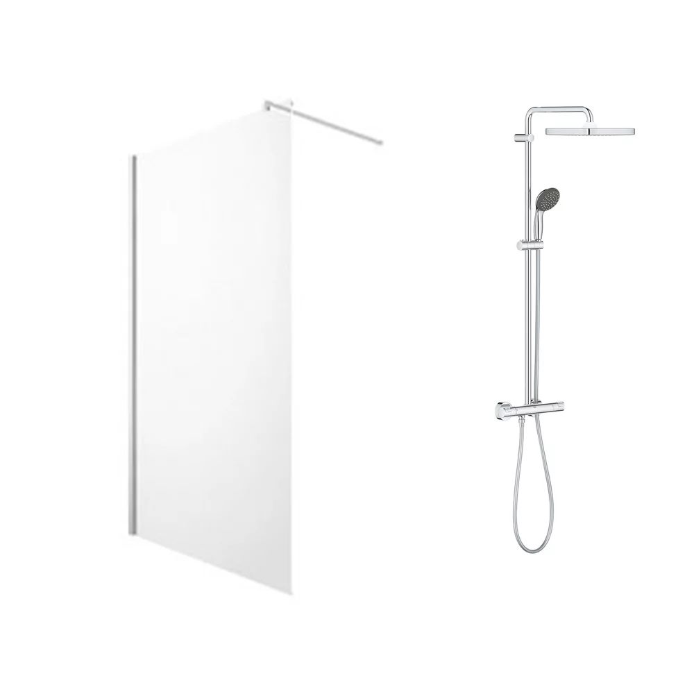 Pachet paravan dus Walk-In Omnires Marina crom 90x200 cm si coloana de dus cu baterie termostatata Grohe Vitalio Start Cube 250 crom lucios