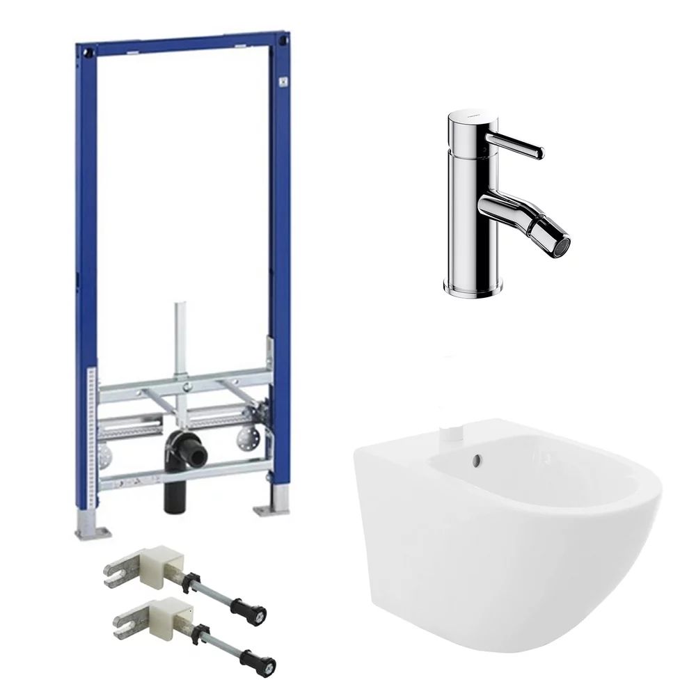 Pachet rama instalare Geberit Duofix, bideu suspendat Rea Carlo alb, baterie bideu Omnires Y crom si set fixare Geberit Duofix