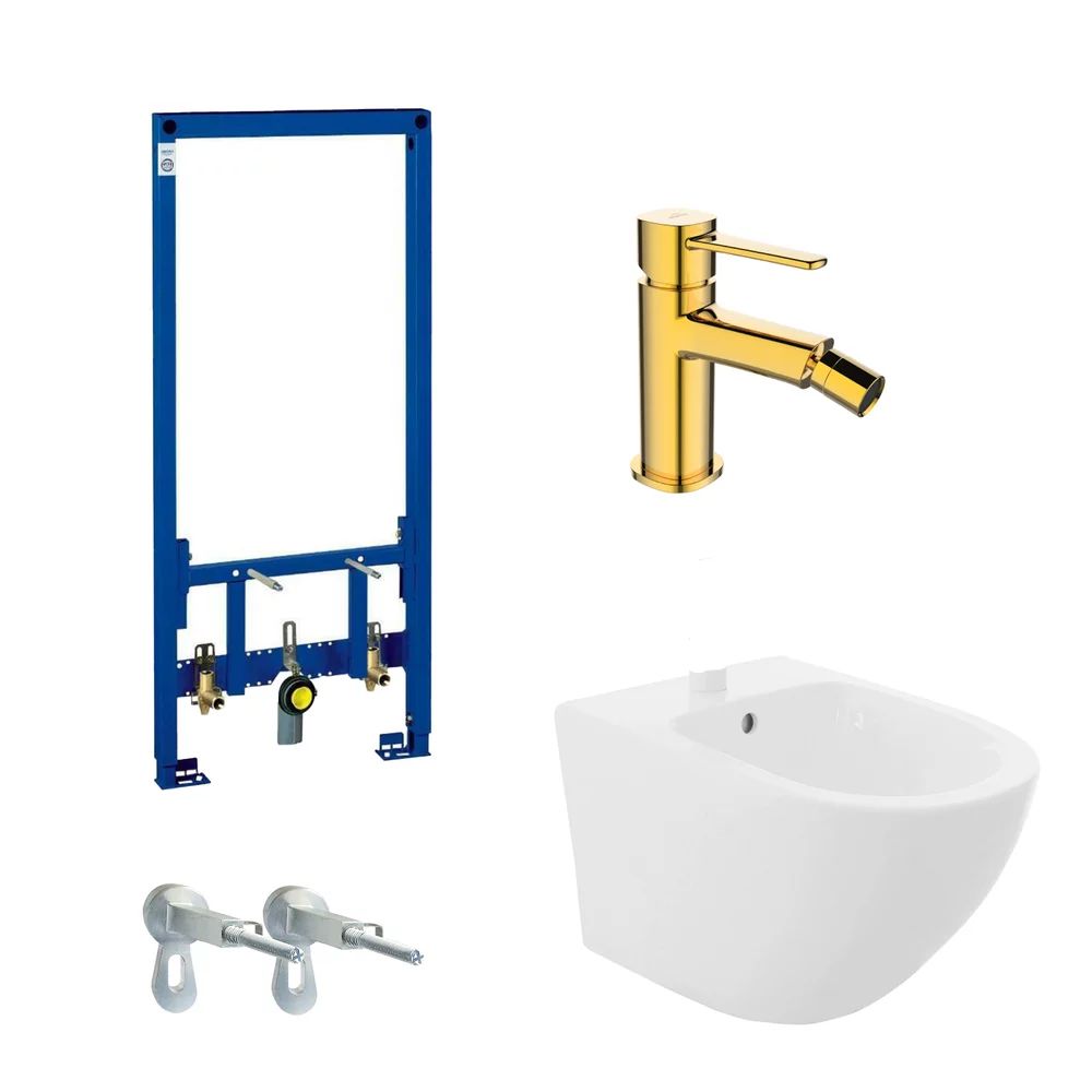 Pachet rama instalare Grohe Rapid SL, bideu suspendat Rea Carlo alb si baterie bideu Invena Glamour auriu