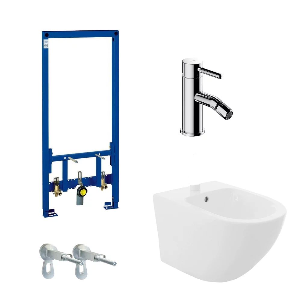 Pachet rama instalare Grohe Rapid SL, bideu suspendat Rea Carlo alb si baterie bideu Omnires Y crom