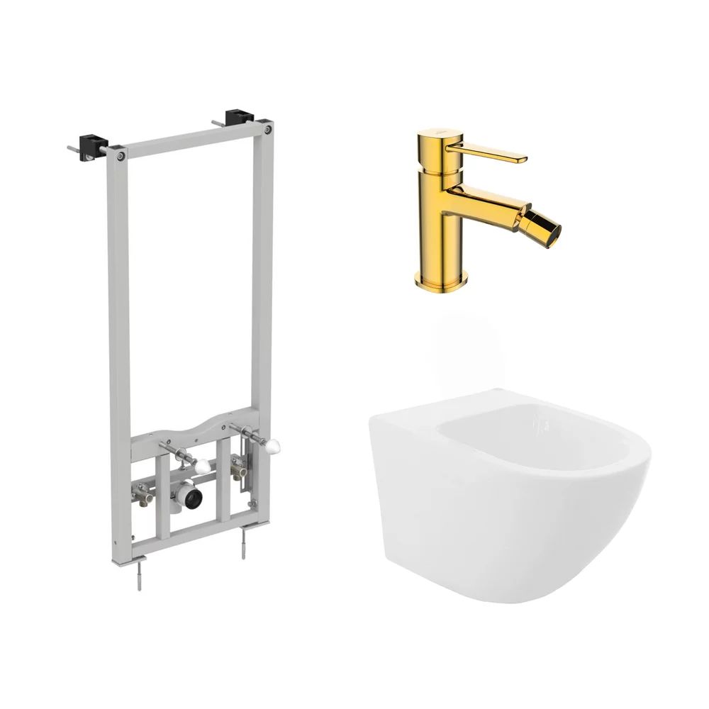 Pachet rama instalare Ideal Standard ProSys, bideu suspendat Rea Carlo alb si baterie bideu Glamour auriu