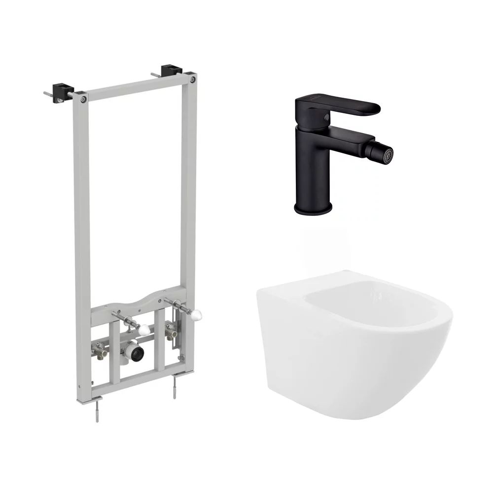 Pachet rama instalare Ideal Standard ProSys, bideu suspendat Rea Carlo alb si baterie bideu Invena Siros negru mat