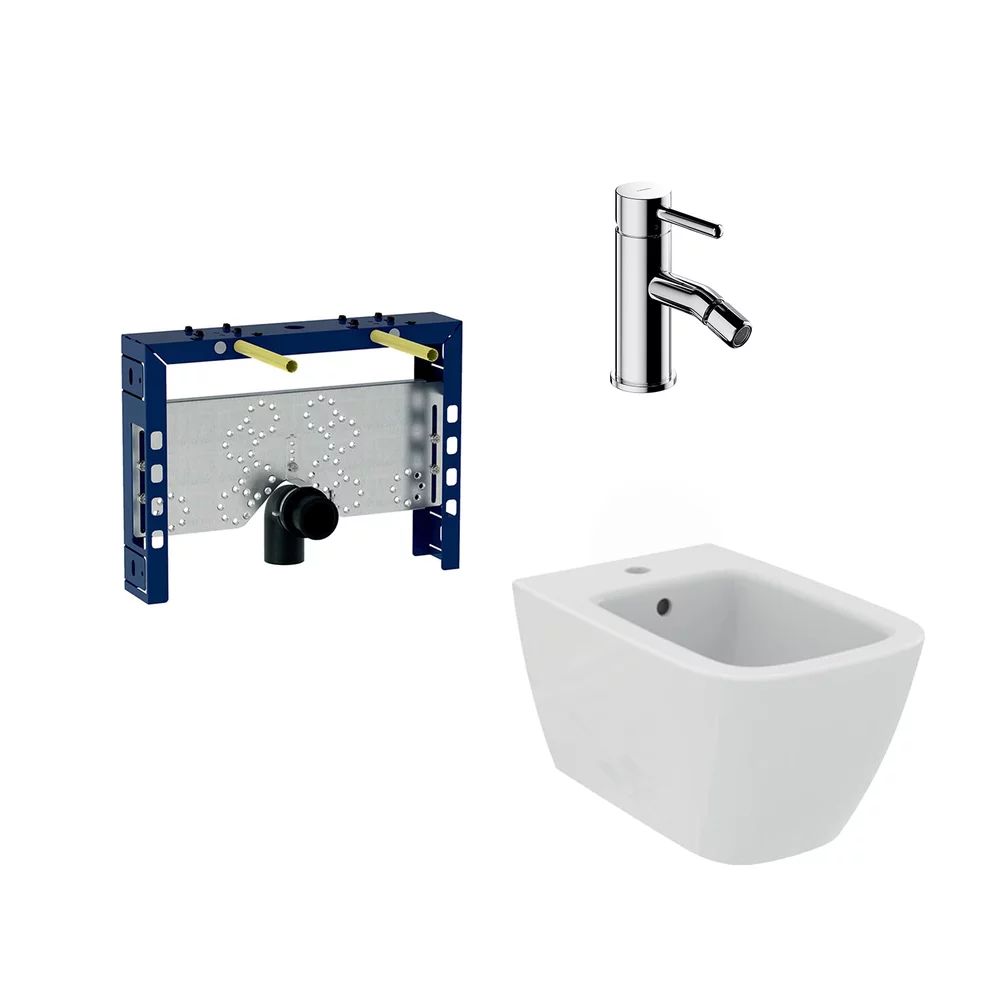 Pachet rama instalare Geberit Kombifix, bdeu suspendat Ideal Standard I.life B si baterie bideu Omnires Y crom