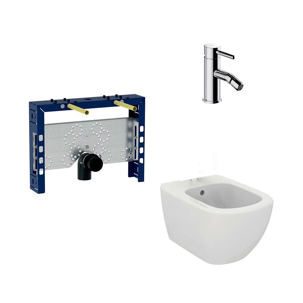 Pachet rama instalare Geberit Kombifix, bideu suspendat Ideal Standard Tesi alb si baterie bideu Omnires Y crom