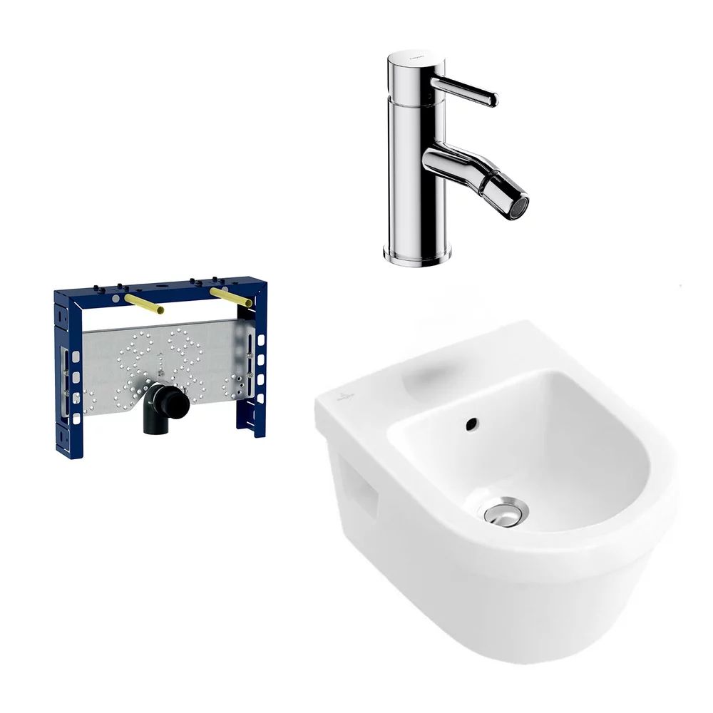 Pachet rama instalare Geberit Kombifix, bideu suspendat Villeroy&Boch Architectura alb si baterie bideu Omnires Y crom